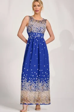 Feather Belted Maxi Dress, Blue Floral