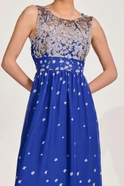 Feather Belted Maxi Dress, Blue Floral