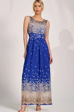 Feather Belted Maxi Dress, Blue Floral