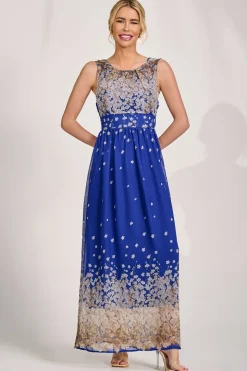 Feather Belted Maxi Dress, Blue Floral