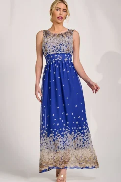 Feather Belted Maxi Dress, Blue Floral