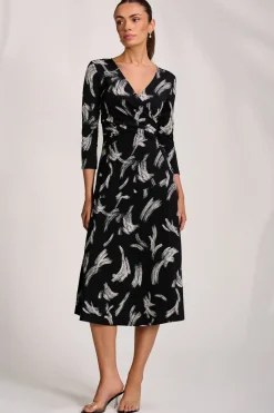 Fit and Flare Jersey Midi Dress, Black Abstract