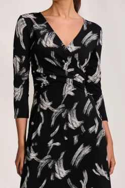 Fit and Flare Jersey Midi Dress, Black Abstract