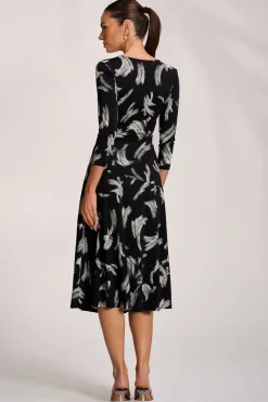 Fit and Flare Jersey Midi Dress, Black Abstract
