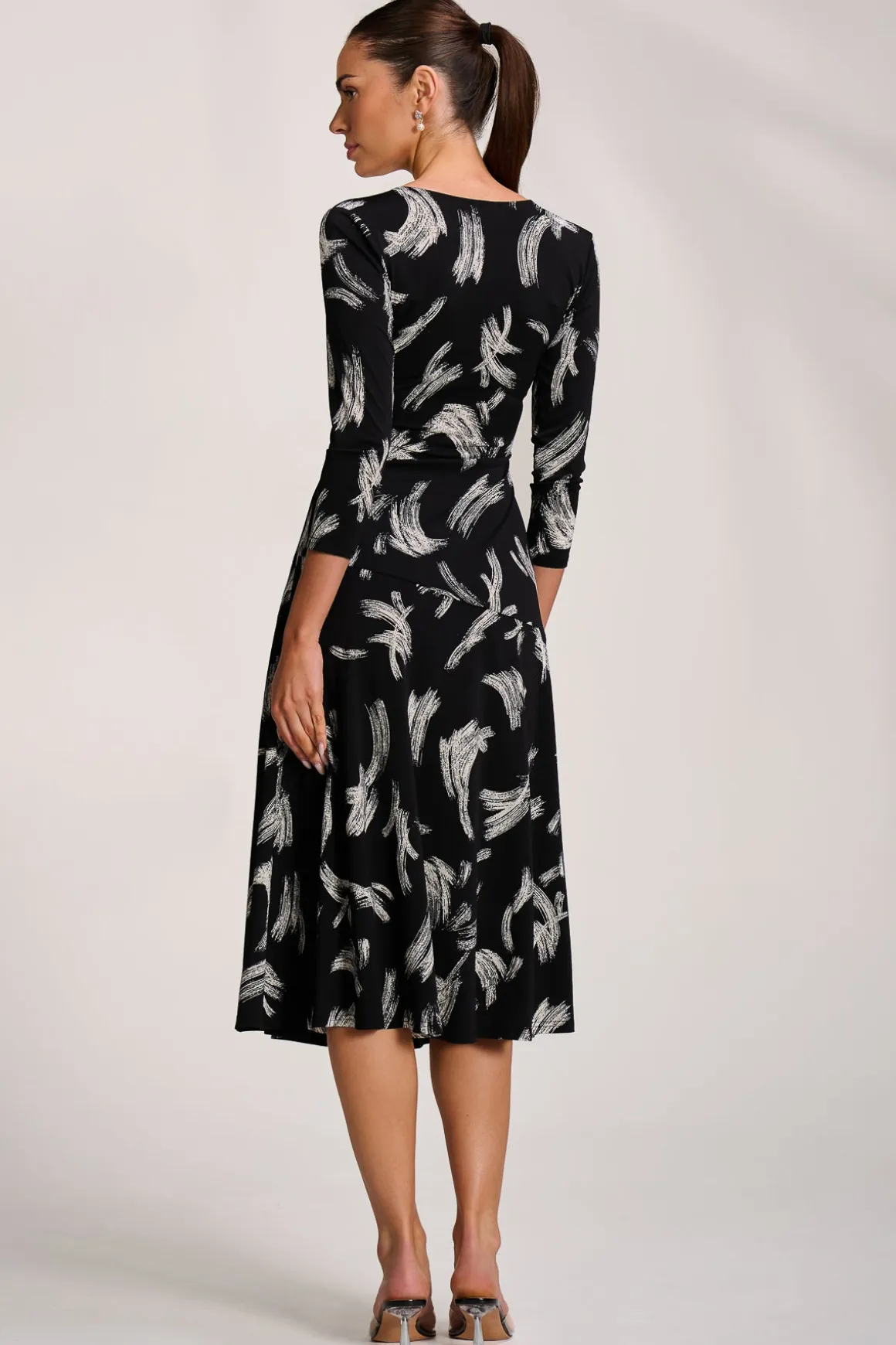 Fit and Flare Jersey Midi Dress, Black Abstract