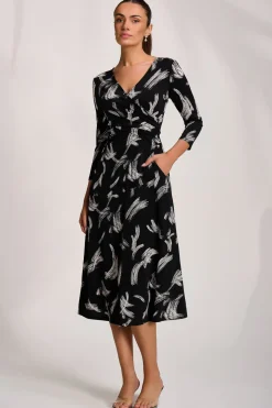Fit and Flare Jersey Midi Dress, Black Abstract