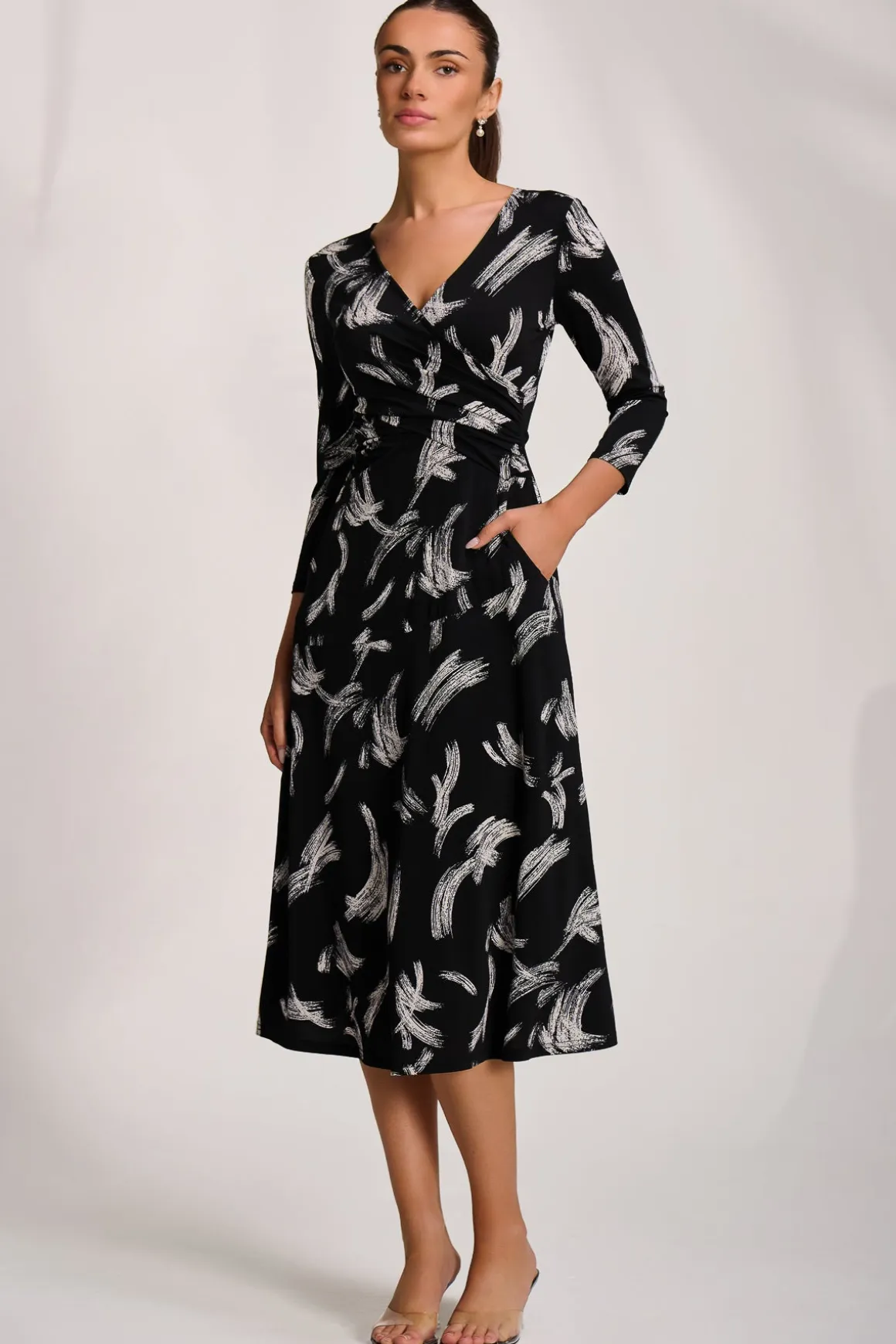 Fit and Flare Jersey Midi Dress, Black Abstract
