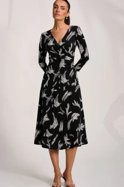 Fit and Flare Jersey Midi Dress, Black Abstract
