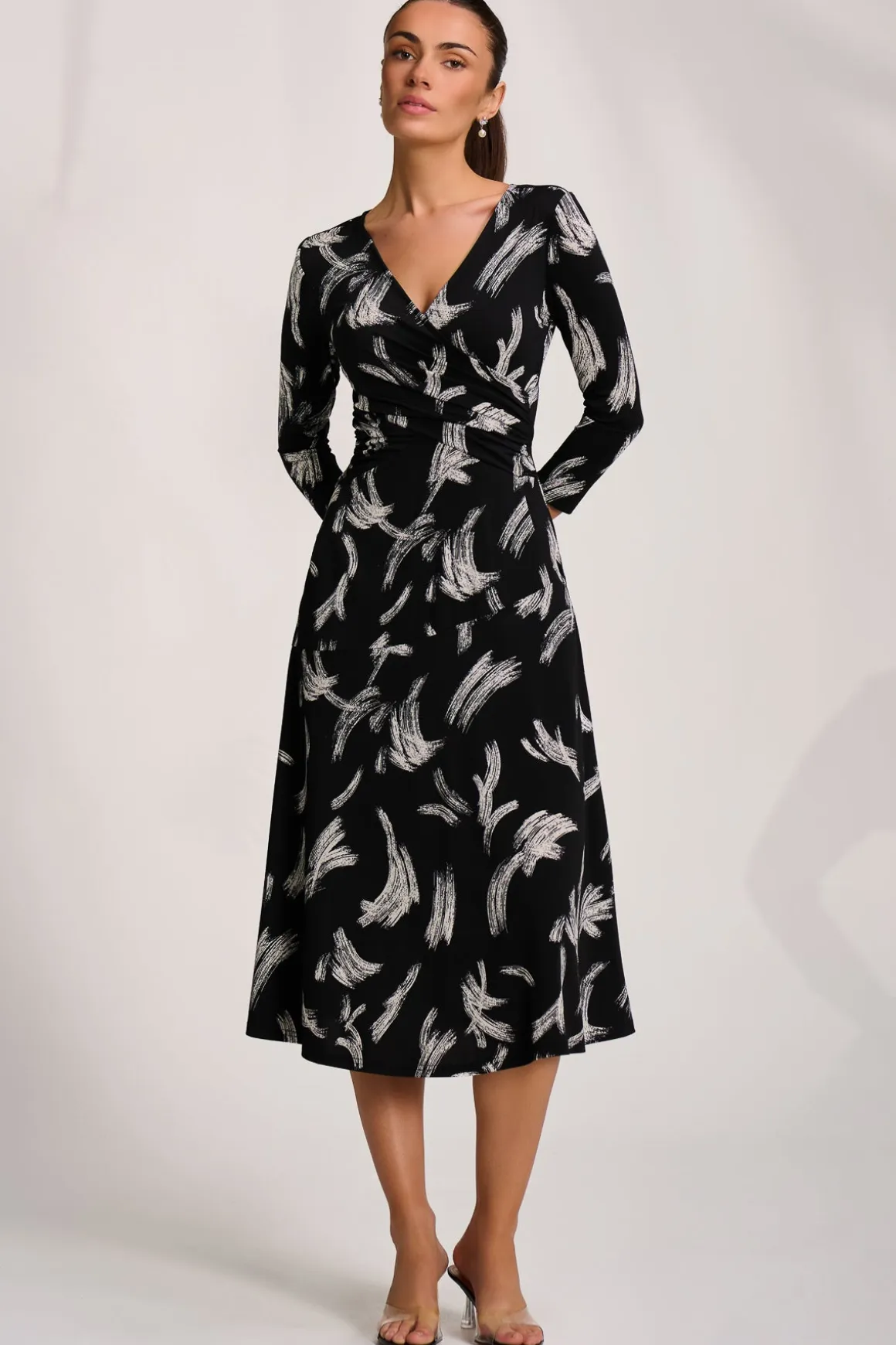 Fit and Flare Jersey Midi Dress, Black Abstract