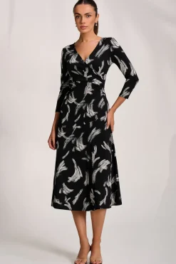 Fit and Flare Jersey Midi Dress, Black Abstract