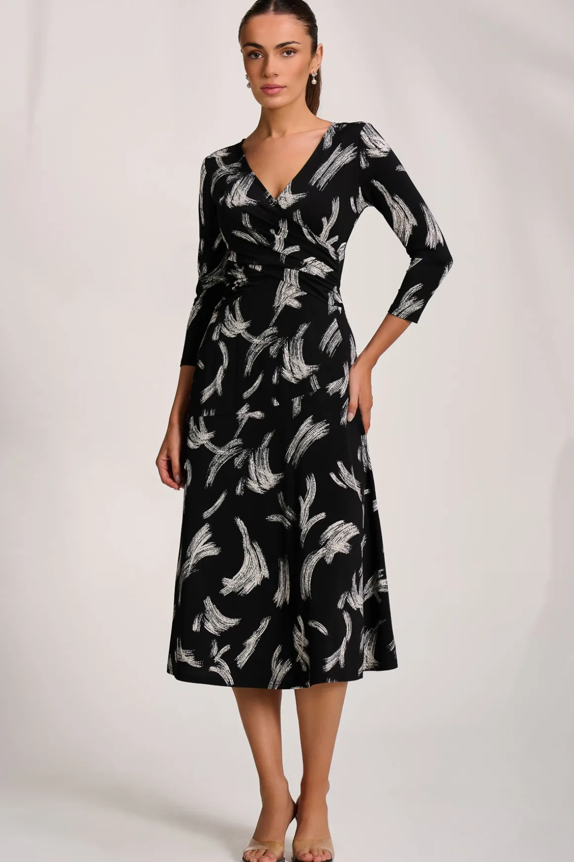 Fit and Flare Jersey Midi Dress, Black Abstract