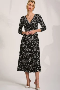 Fit and Flare Jersey Midi Dress, Black Geo