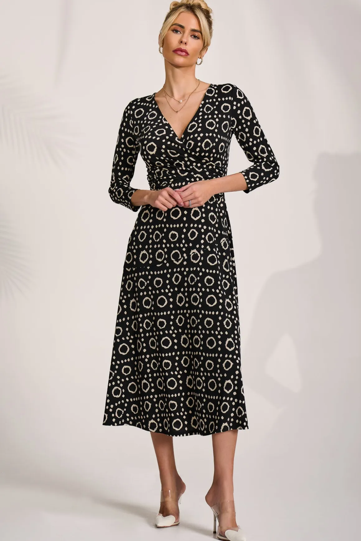 Fit and Flare Jersey Midi Dress, Black Geo