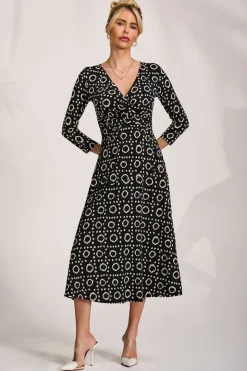 Fit and Flare Jersey Midi Dress, Black Geo
