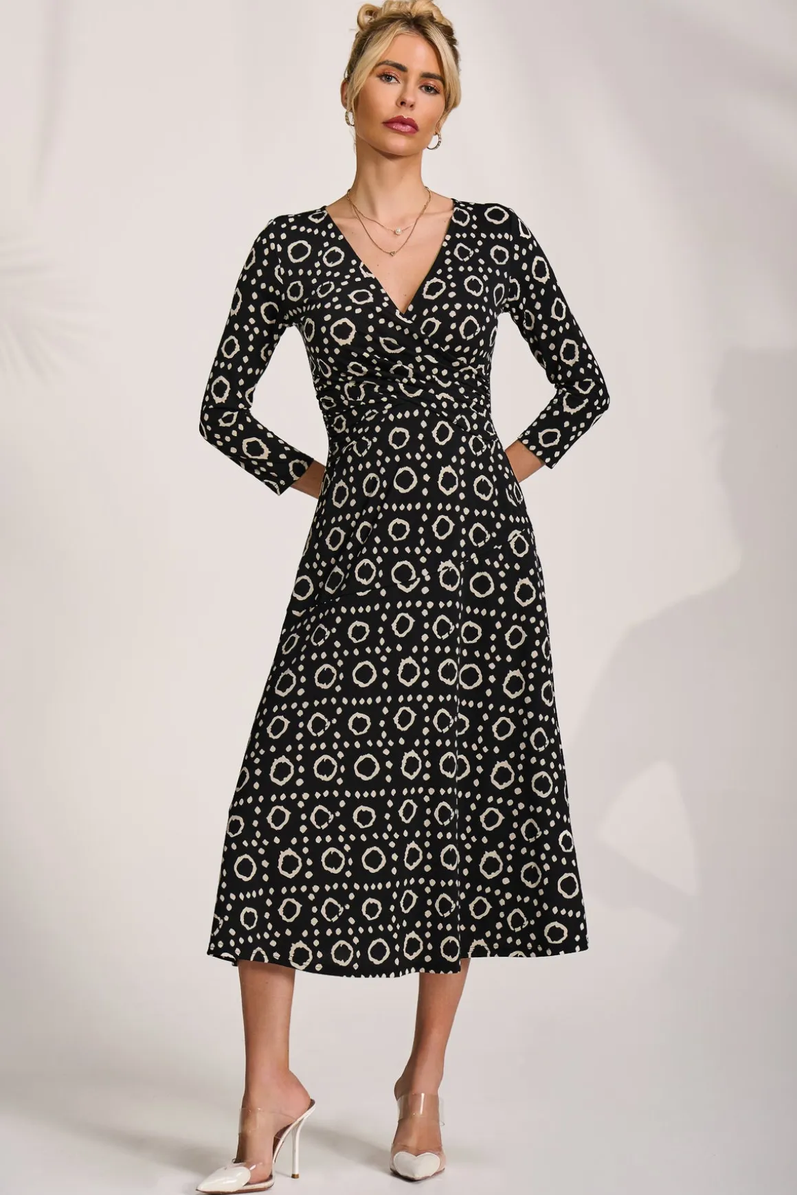 Fit and Flare Jersey Midi Dress, Black Geo