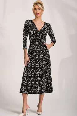 Fit and Flare Jersey Midi Dress, Black Geo