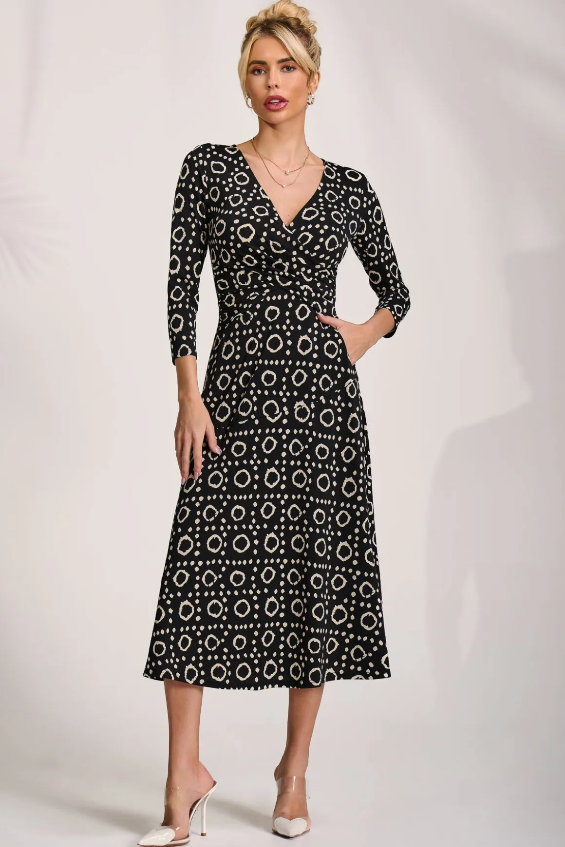 Fit and Flare Jersey Midi Dress, Black Geo