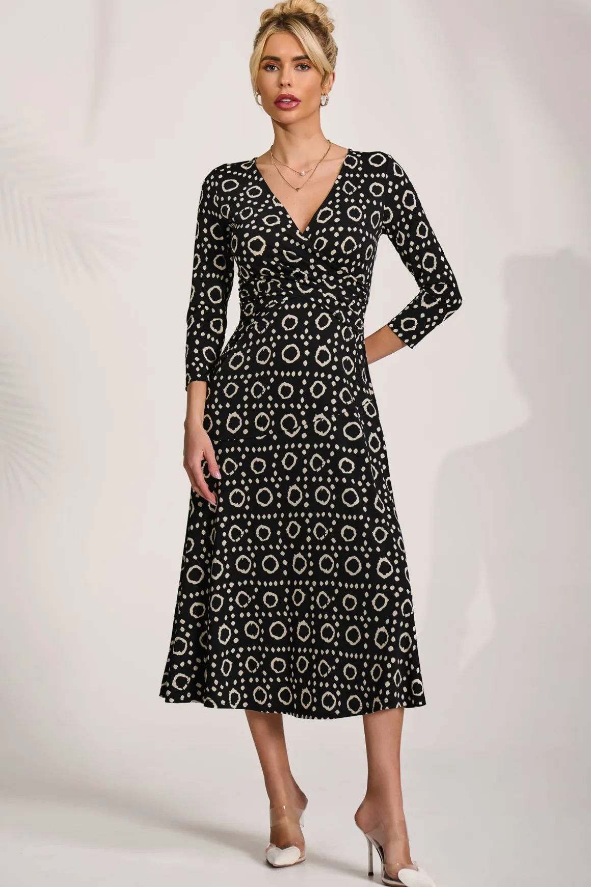 Fit and Flare Jersey Midi Dress, Black Geo