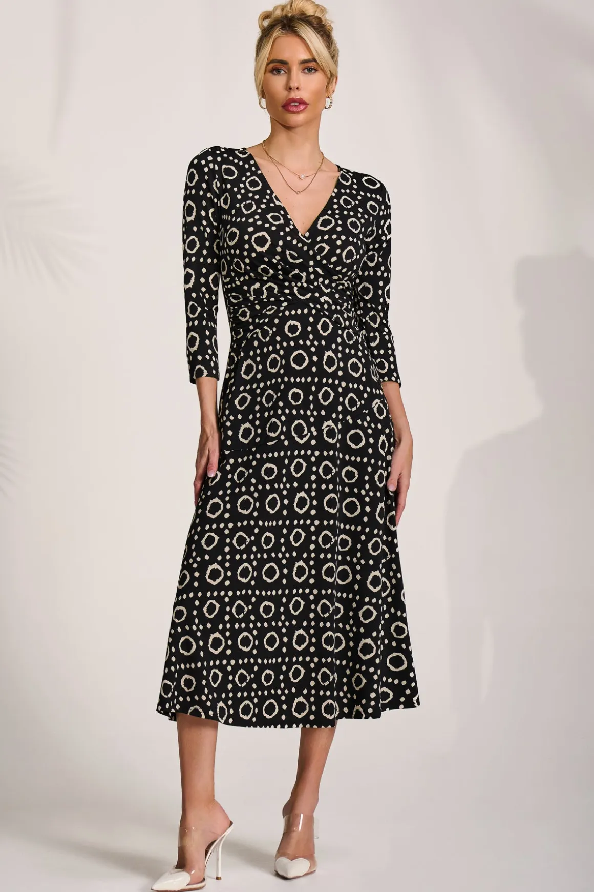 Fit and Flare Jersey Midi Dress, Black Geo