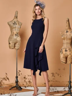 Fit & Flare Ruffle Detail Midi Dress, Navy