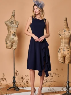 Fit & Flare Ruffle Detail Midi Dress, Navy