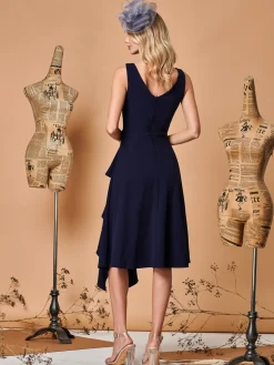 Fit & Flare Ruffle Detail Midi Dress, Navy