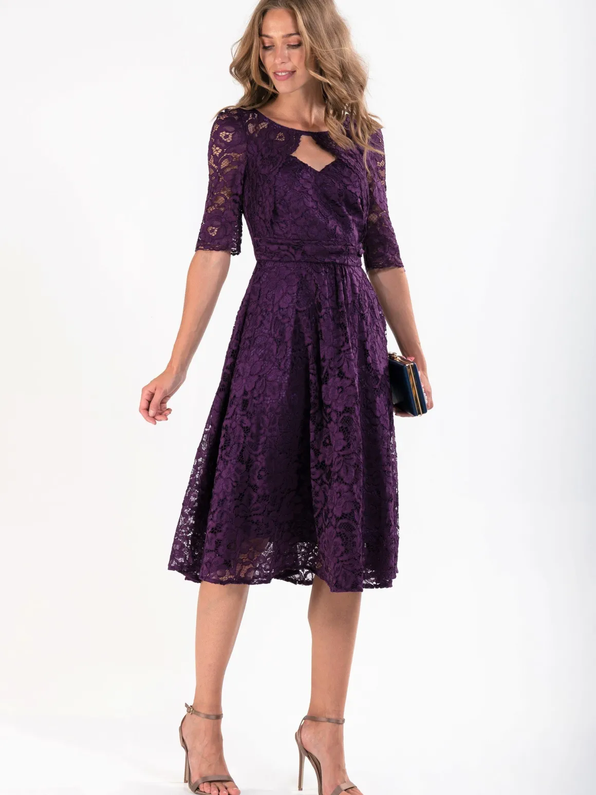 Fit & Flare Sleeved Lace Midi Dress, Dark Purple