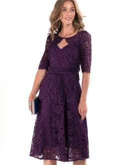 Fit & Flare Sleeved Lace Midi Dress, Dark Purple