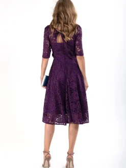 Fit & Flare Sleeved Lace Midi Dress, Dark Purple