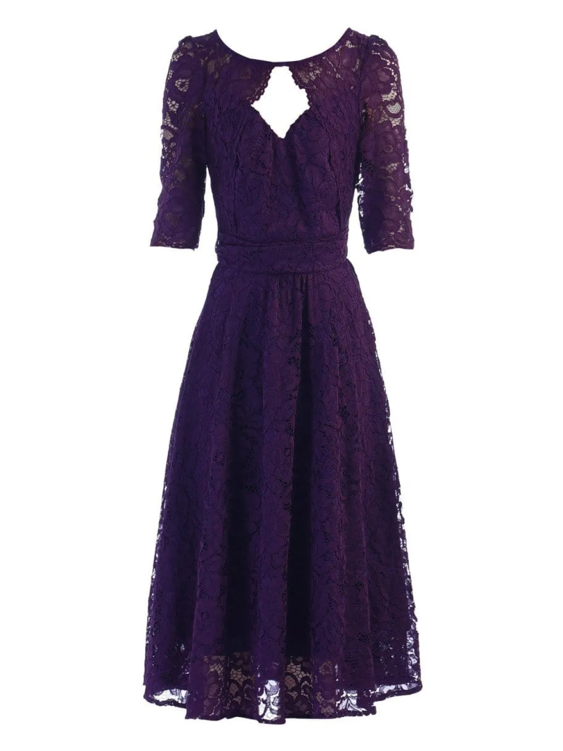 Fit & Flare Sleeved Lace Midi Dress, Dark Purple