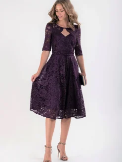 Fit & Flare Sleeved Lace Midi Dress, Dark Purple