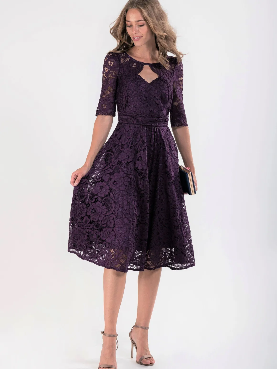 Fit & Flare Sleeved Lace Midi Dress, Dark Purple