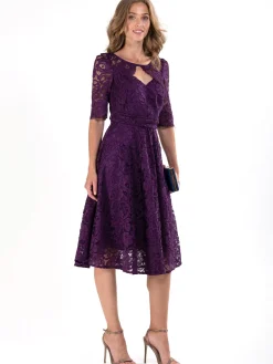 Fit & Flare Sleeved Lace Midi Dress, Dark Purple