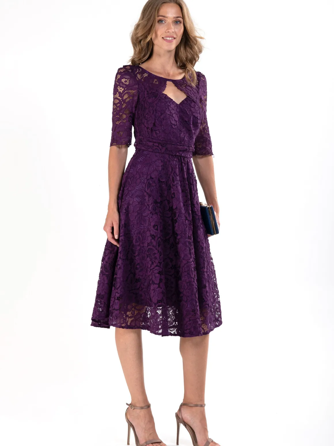 Fit & Flare Sleeved Lace Midi Dress, Dark Purple