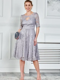 Fit & Flare Sleeved Lace Midi Dress, Silver Grey