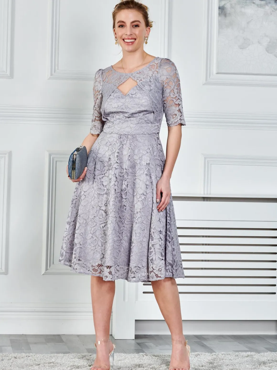 Fit & Flare Sleeved Lace Midi Dress, Silver Grey