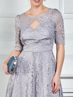 Fit & Flare Sleeved Lace Midi Dress, Silver Grey