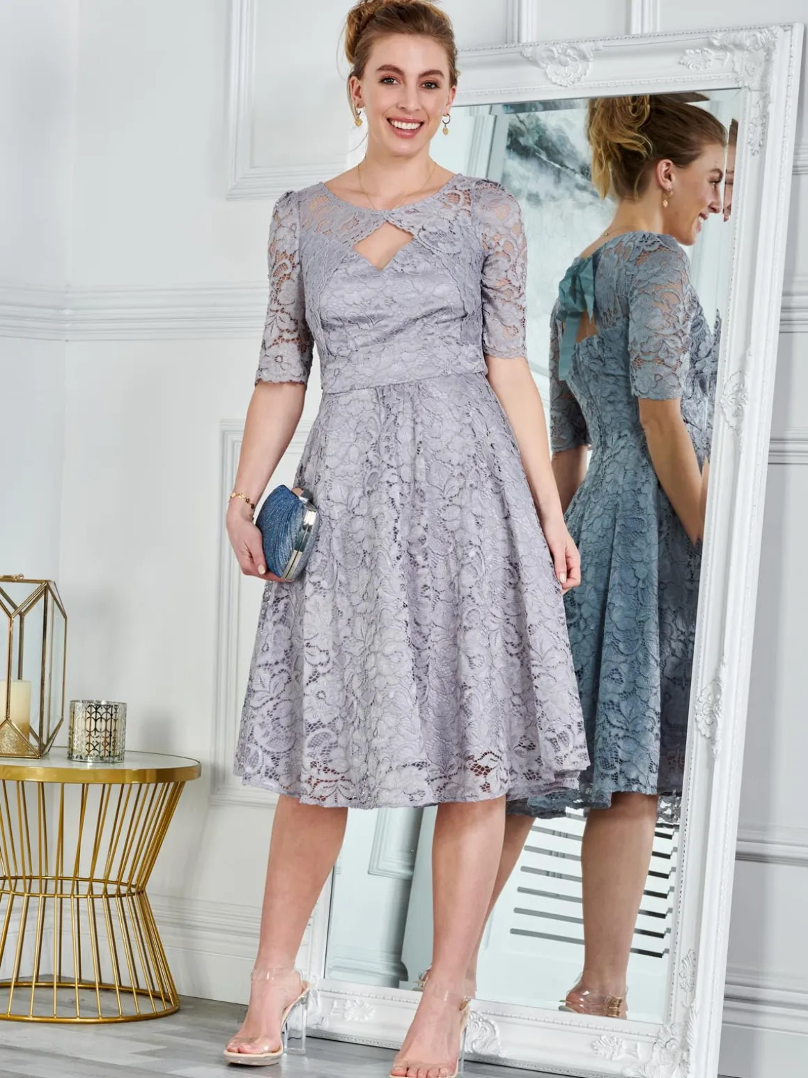 Fit & Flare Sleeved Lace Midi Dress, Silver Grey