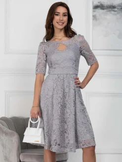 Fit & Flare Sleeved Lace Midi Dress, Silver Grey