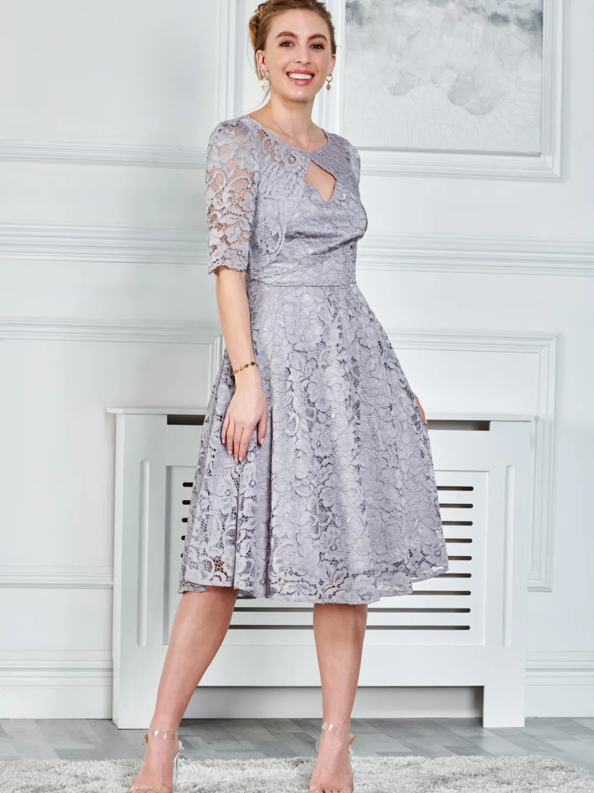 Fit & Flare Sleeved Lace Midi Dress, Silver Grey