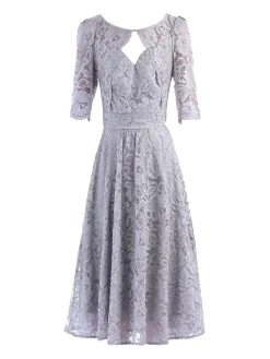 Fit & Flare Sleeved Lace Midi Dress, Silver Grey