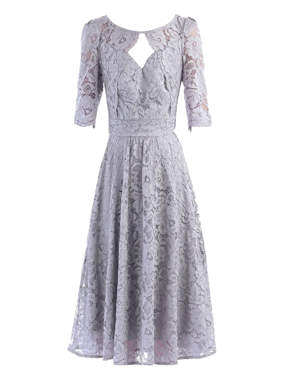 Fit & Flare Sleeved Lace Midi Dress, Silver Grey