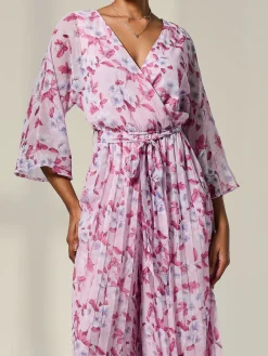Flared Printed Chiffon Jumpsuit, Pink Floral