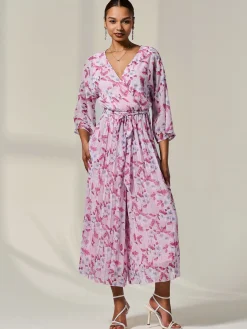 Flared Printed Chiffon Jumpsuit, Pink Floral