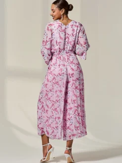 Flared Printed Chiffon Jumpsuit, Pink Floral