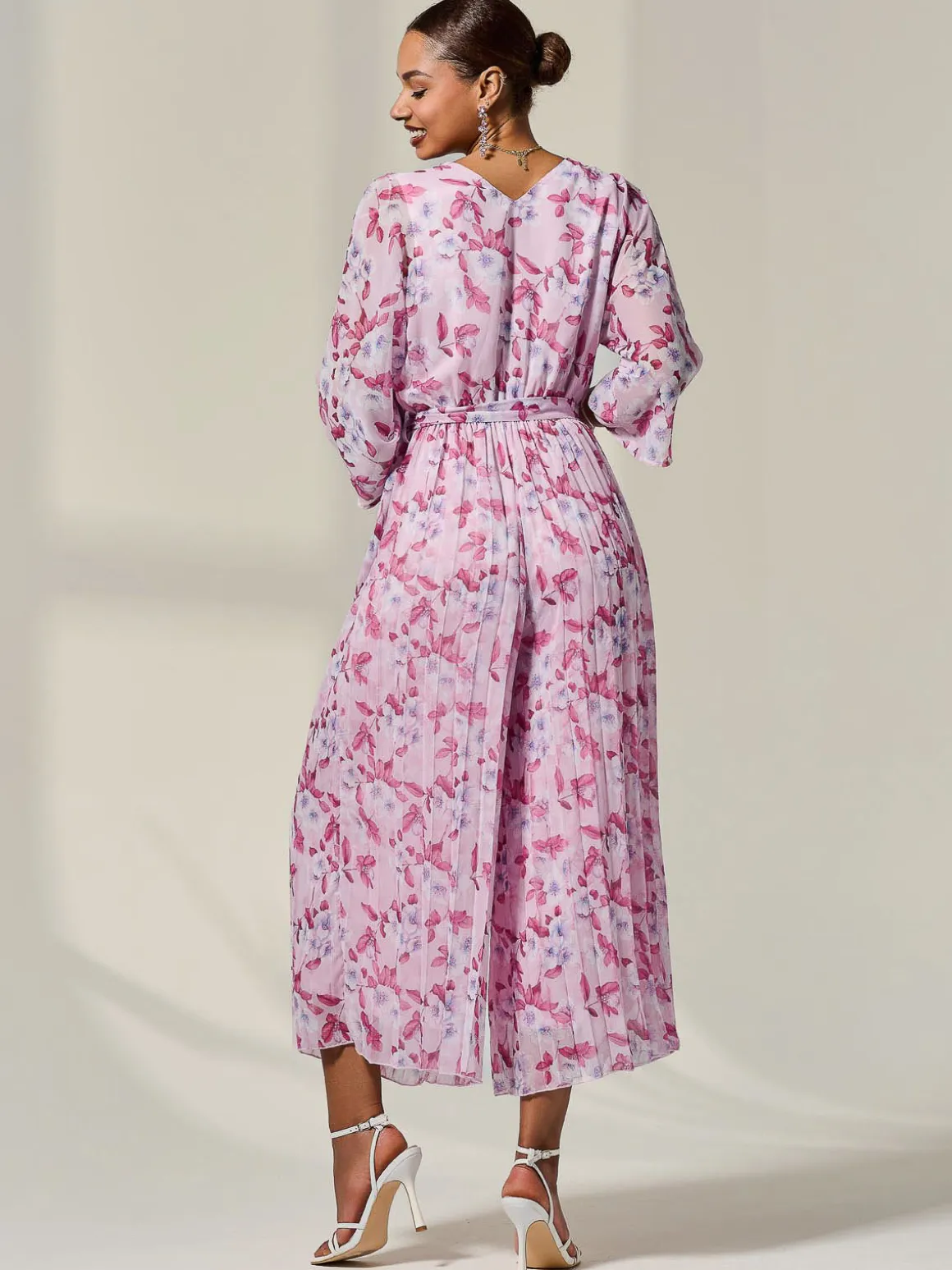 Flared Printed Chiffon Jumpsuit, Pink Floral