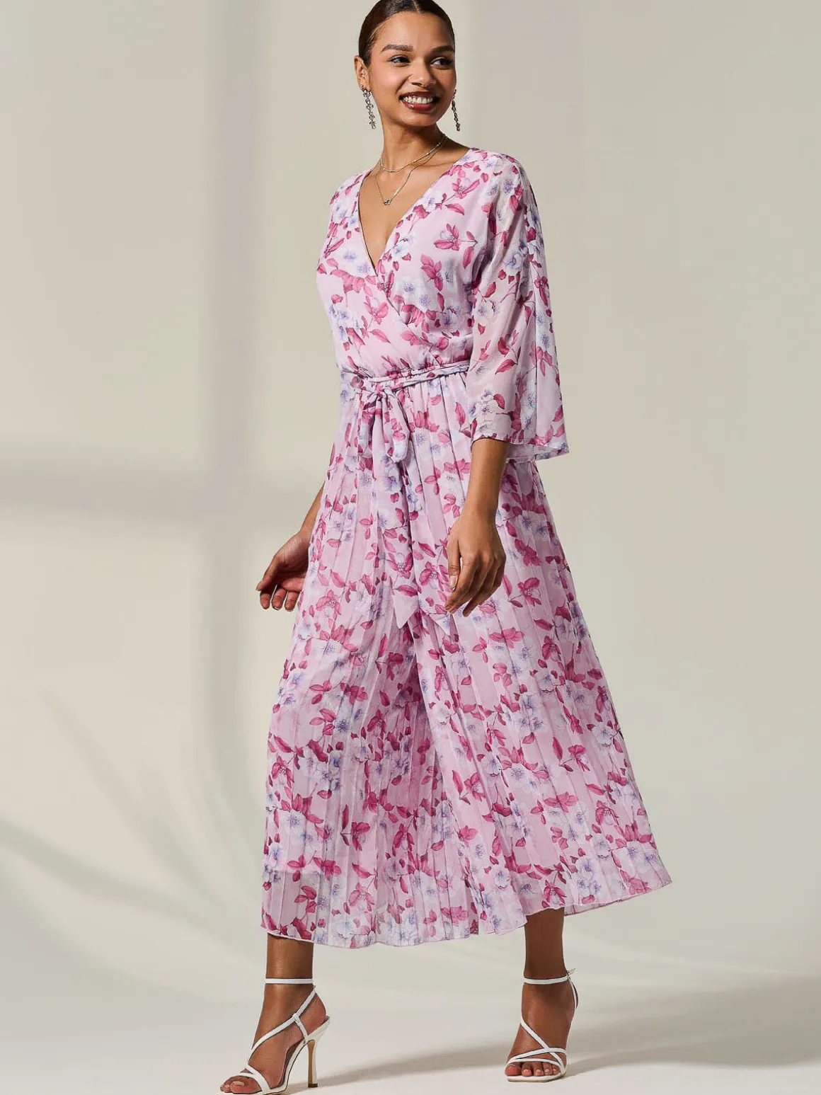 Flared Printed Chiffon Jumpsuit, Pink Floral