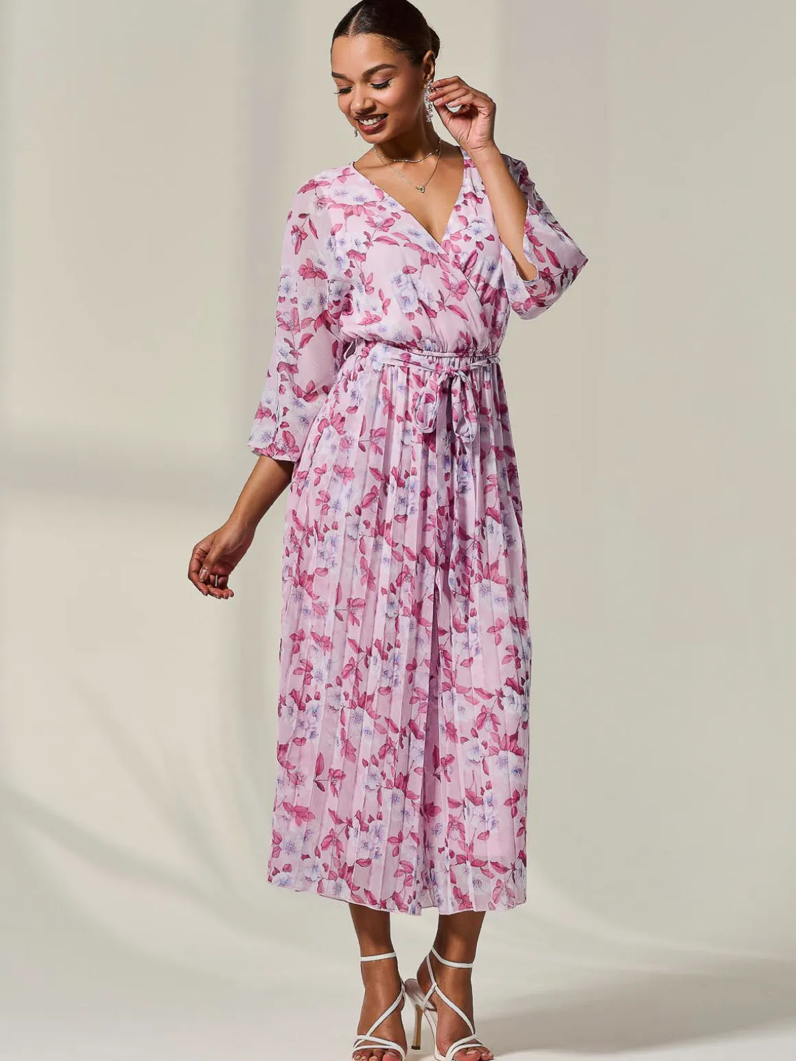 Flared Printed Chiffon Jumpsuit, Pink Floral