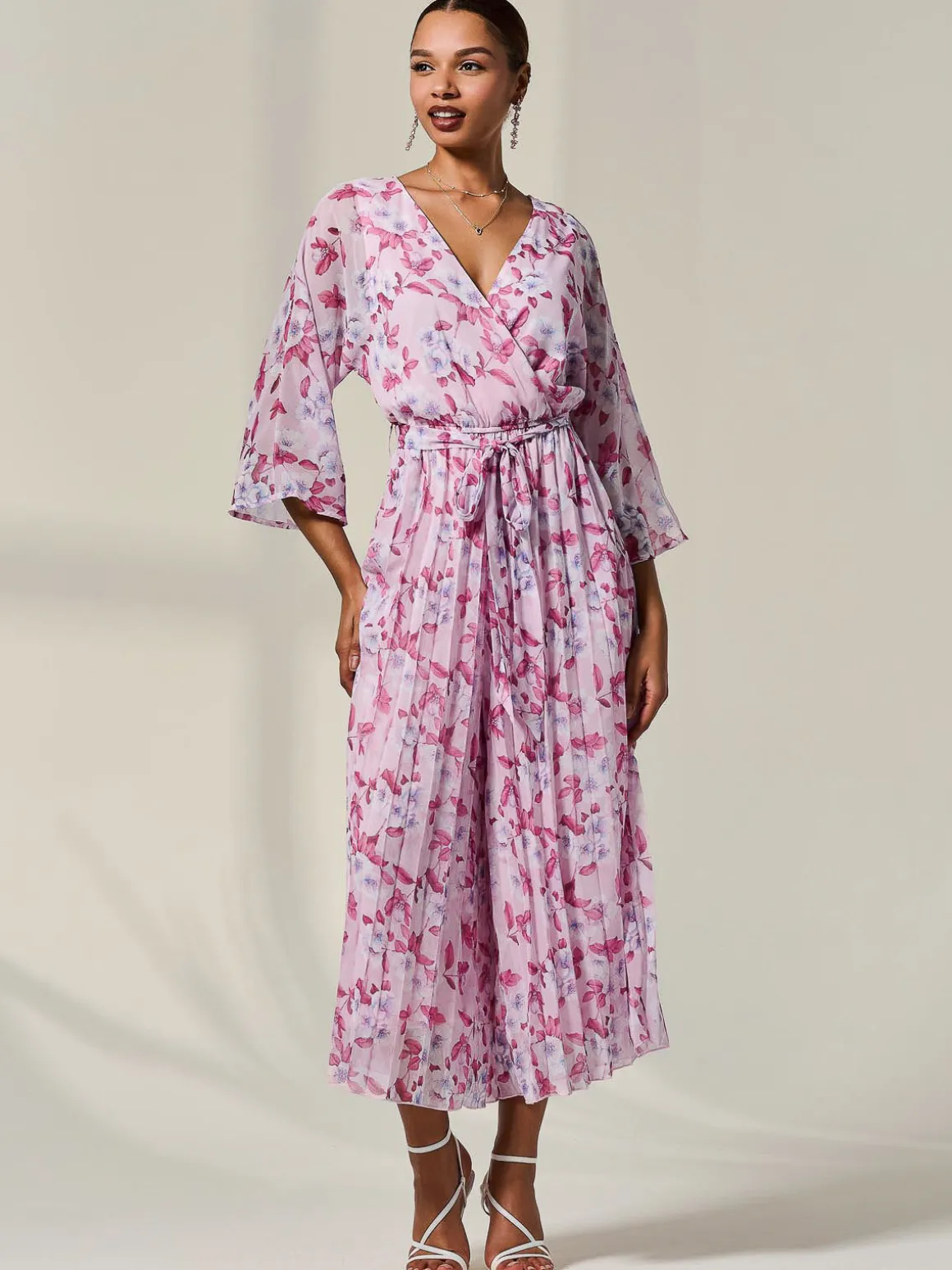 Flared Printed Chiffon Jumpsuit, Pink Floral