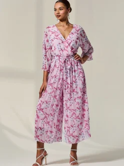 Flared Printed Chiffon Jumpsuit, Pink Floral